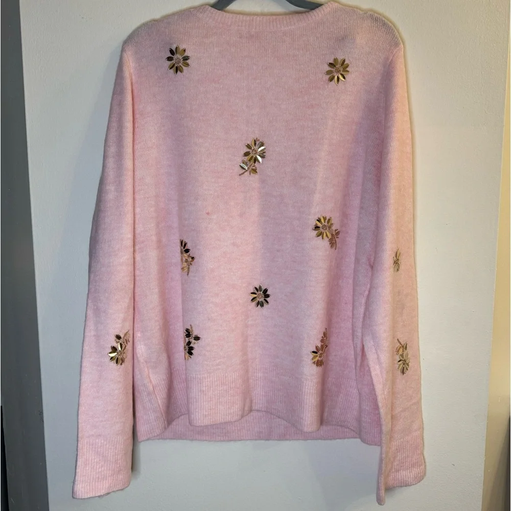 Lilly Pulitzer Soft Pink Kalaya Sweater Gold Bead Sequin Daisy Flowers Sweater